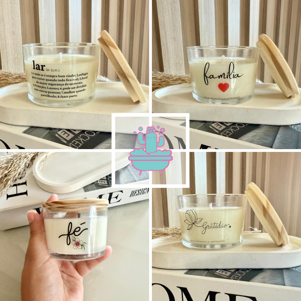 Vela perfumada frases - 100g COM TAMPA DE MADEIRA - ARTESANAL VEGANA