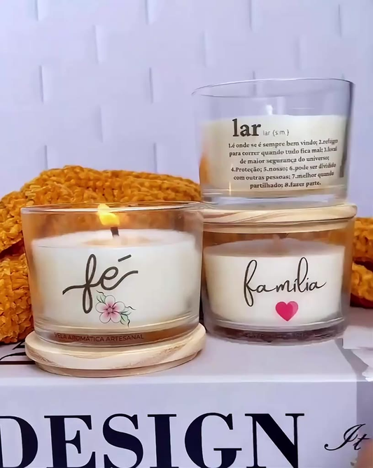 Vela perfumada frases - 100g COM TAMPA DE MADEIRA - ARTESANAL VEGANA